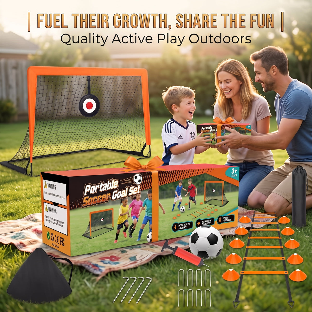 EZBY Soccer Goals for Kids Backyard Set of 2, 4x3ft Portable Pop-Up Youth Soccer Net Training Equipment Kit with Thickened Ball, Agility Ladder, 10 Cones and Gift Box