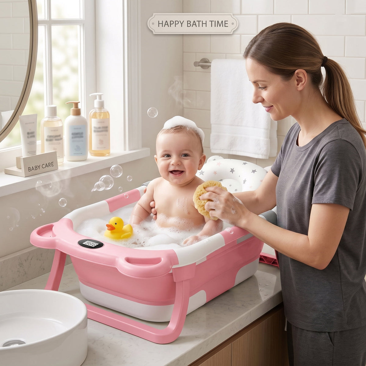 EZBY Collapsible Baby Bathtub with Temperature Sensor,Double Foldable Infant to Toddler Bath Tub,Non-Slip & Space-Saving Design, 0-3 Years, Pink