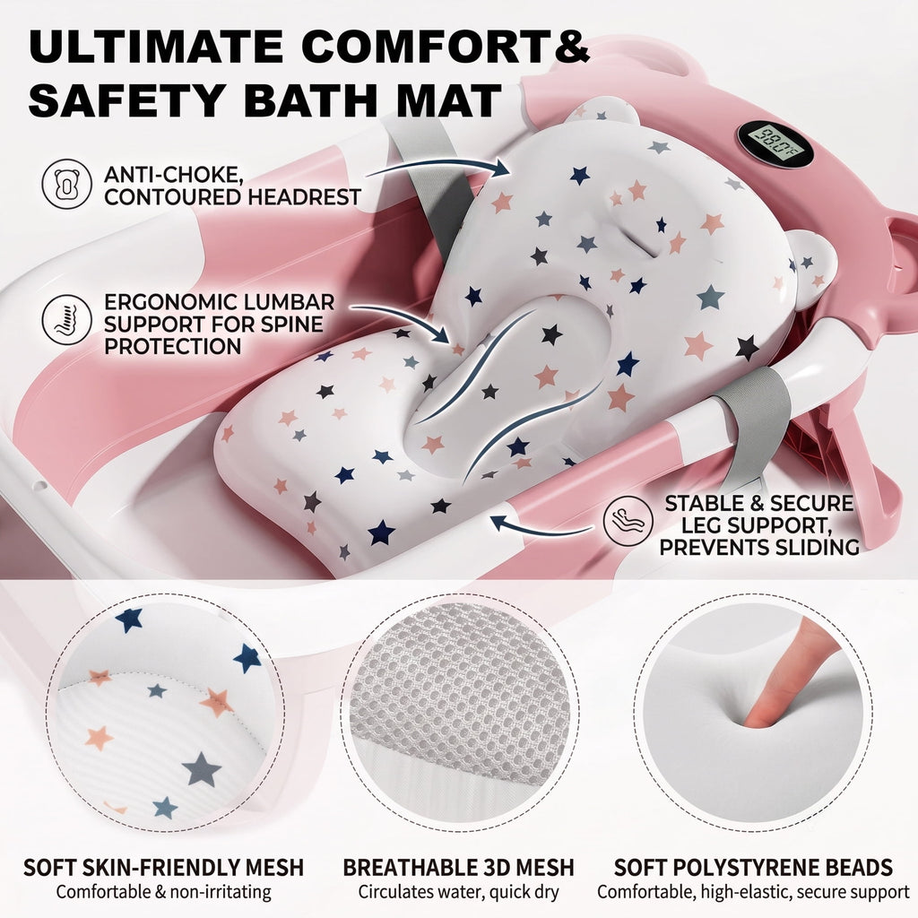 EZBY Collapsible Baby Bathtub with Temperature Sensor,Double Foldable Infant to Toddler Bath Tub,Non-Slip & Space-Saving Design, 0-3 Years, Pink