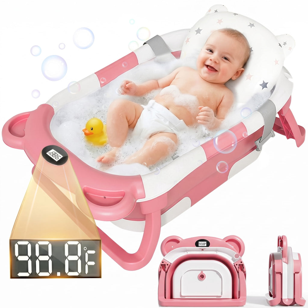 EZBY Collapsible Baby Bathtub with Temperature Sensor,Double Foldable Infant to Toddler Bath Tub,Non-Slip & Space-Saving Design, 0-3 Years, Pink