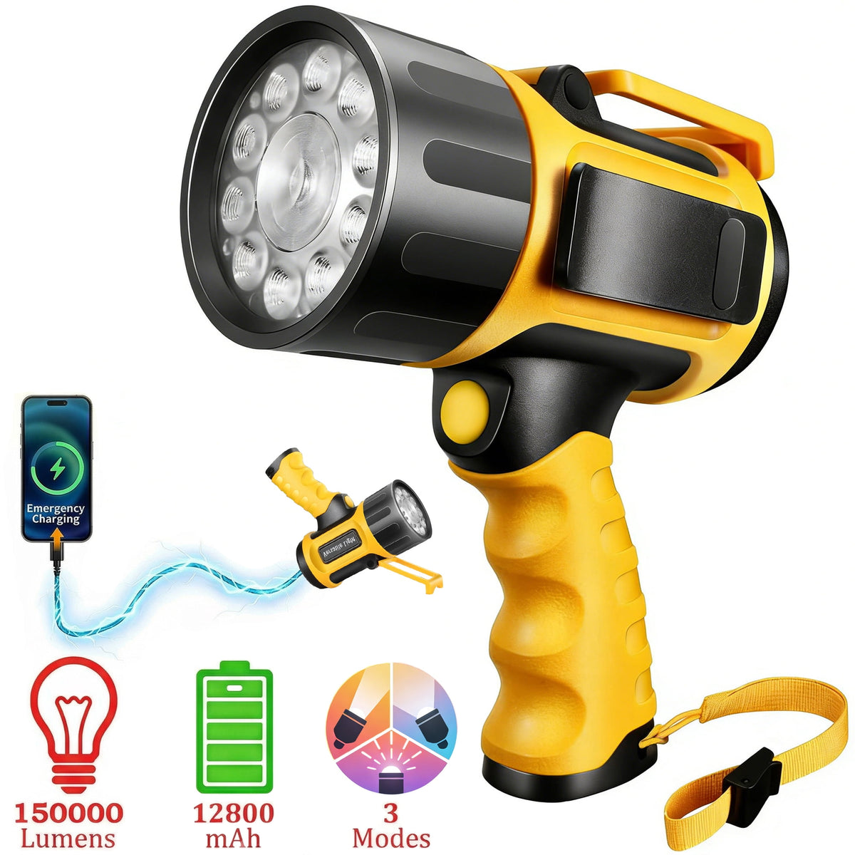 EZBY 150000 Lumens Rechargeable Flashlight, High Powered LED Handheld Spotlight,12800mAh Rechargeable Battery,USB Output Power Bank, Aluminum Alloy Body for Camping Outdoor Emergency Work