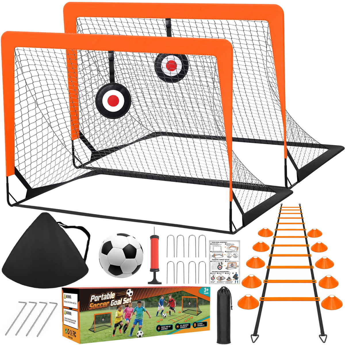 EZBY Soccer Goals for Kids Backyard Set of 2, 4x3ft Portable Pop-Up Youth Soccer Net Training Equipment Kit with Thickened Ball, Agility Ladder, 10 Cones and Gift Box