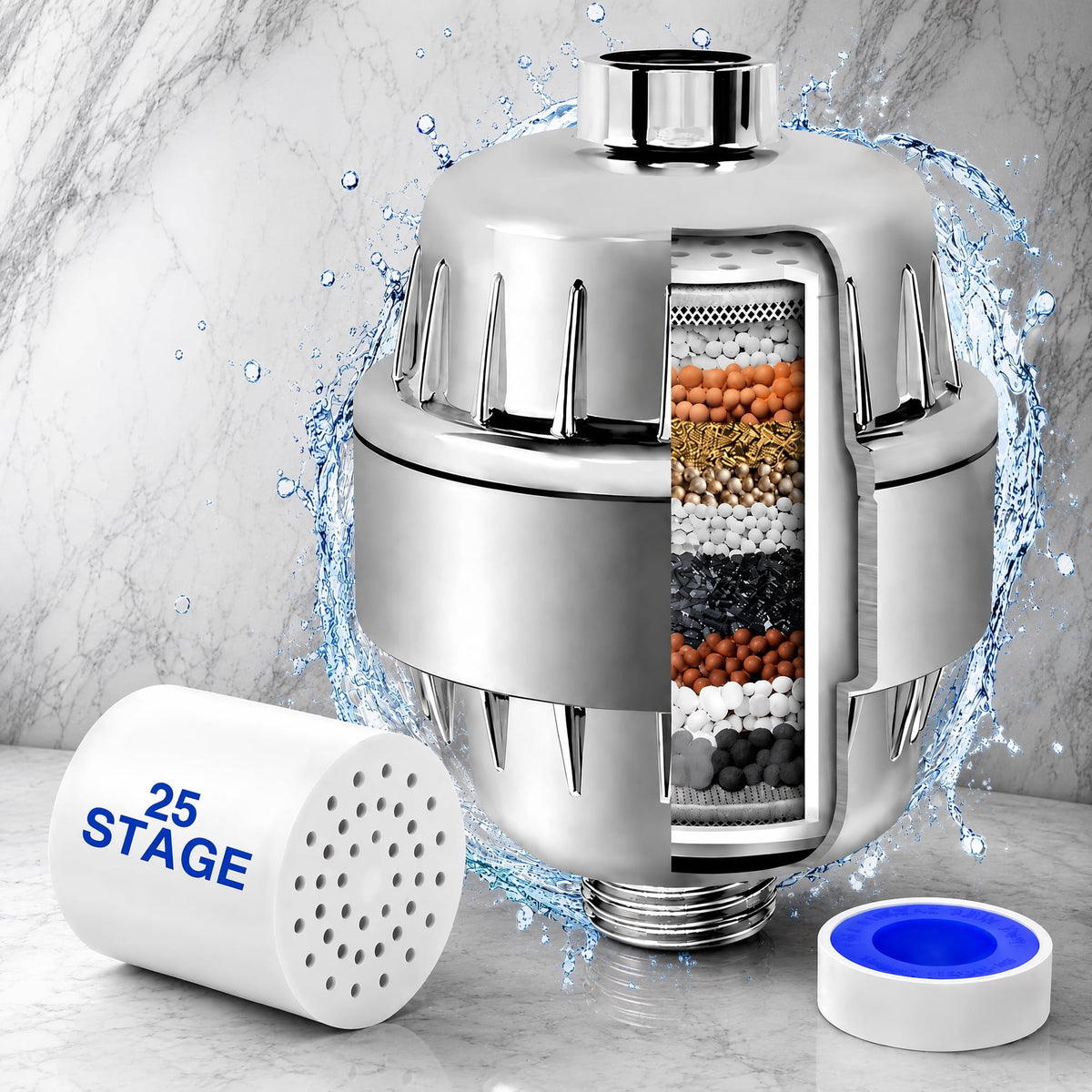 YTAKY Shower Filter, 25 Stage with Replaceable Filter Cartridges, Shower Head Filter Removes Chlorine Fluoride & Heavy Metals, High Output Vitamin C Reduces Dry Skin, Universal for Hard Water