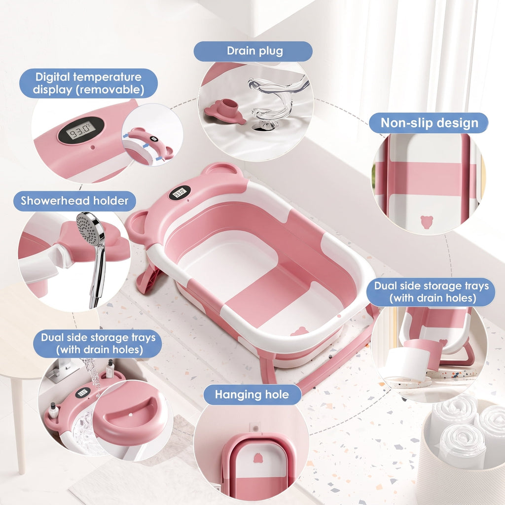EZBY Collapsible Baby Bathtub with Temperature Sensor,Double Foldable Infant to Toddler Bath Tub,Non-Slip & Space-Saving Design, 0-3 Years, Pink